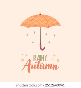 Autumn umbrella postcard. Fall season card. Rain protective. 