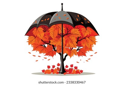 Autumn Umbrella Vector illustration, Autumn fall, leaves of oak, chestnut, hazel in an umbrella with the inscription Hello autumn
