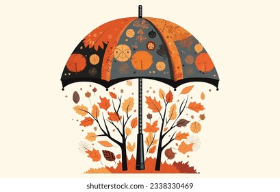 Autumn Umbrella Vector illustration, Autumn fall, leaves of oak, chestnut, hazel in an umbrella with the inscription Hello autumn

