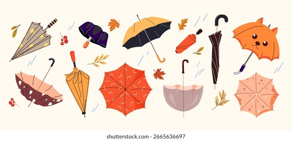 Autumn umbrellas set with raindrops, fall leaves, and berries in flat style, perfect for seasonal designs, greeting cards, web banners, and printable decor. Vector illustration