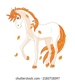 Autumn unicorn with falling leaves