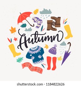 Autumn unique hand drawn lettering and clipart. Vector round frame with set of autumn essential elements. Modern calligraphy and illustrations for apparel design, t-shirt, merch, cards, social media.