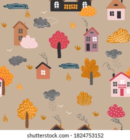 Autumn urban landscape with trees and houses seamless pattern.