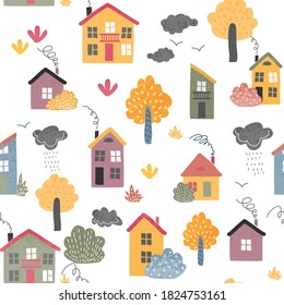 Autumn urban landscape with trees and houses seamless pattern.