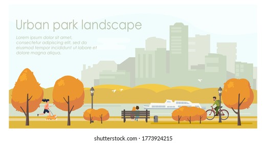 Autumn urban park landscape flat illustration. Horizontal banner template with place for your text. Stock vector. People relaxing in city park, walking with dog, riding bicycle.