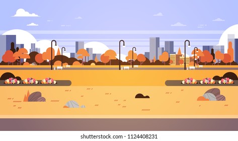 autumn urban yellow park outdoors city buildings street lamps cityscape concept horizontal flat vector illustration