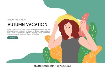 Autumn vacation landing page,  flat illustration vector, girl wearing hat