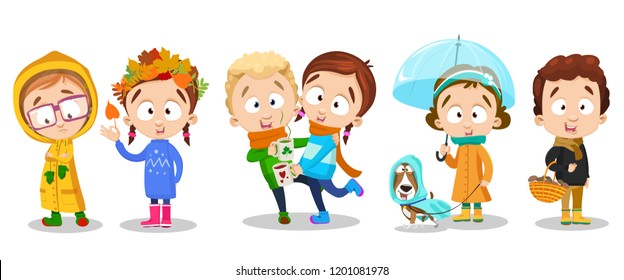 Autumn vacation and outdoors kids activity set. Little boy with basket picking mushrooms. Girl with open umbrella walking dog in raincoat. Happy children drinking hot tea together vector illustration.