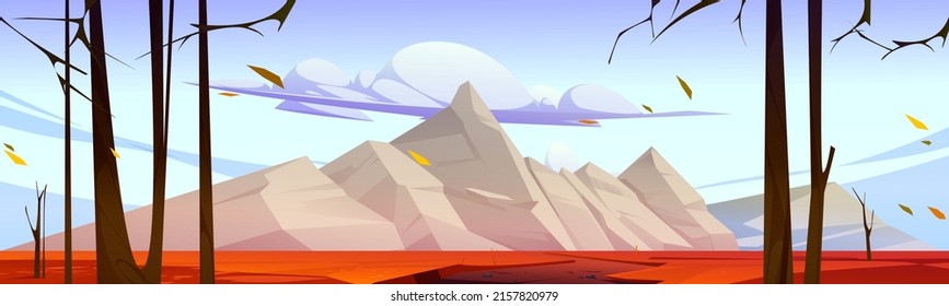 Autumn valley with mountains, orange grass, road and bare trees. Vector cartoon illustration of nature scene, fall landscape with forest, fields and rock range on horizon