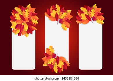 Autumn vectical banner with a bunch of red and orange leaves. Fall promo design template with free empty space for text. Vector illustration.