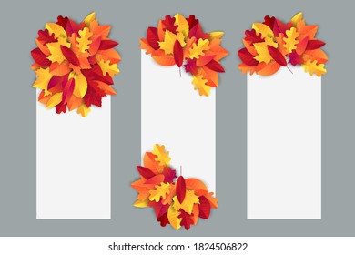 Autumn vectical banner with a bunch of red and orange leaves. Fall promo design template with free empty space for text. Vector illustration.
