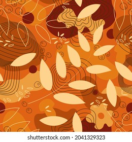 Autumn vector abstract semless pattern. Colorfu spots and various plant  elements of decor on orange background.