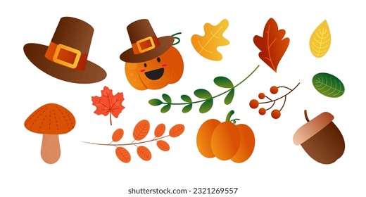 Autumn vector asset elements contain hat, leaf, mushroom, pumpkin and acorn on a transparent background