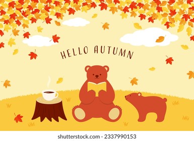 autumn vector background with a bear reading a book in the forest for banners, cards, flyers, social media wallpapers, etc.