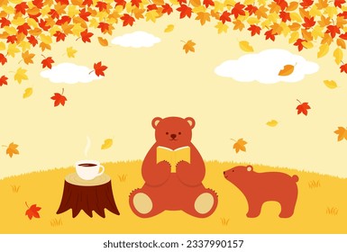 autumn vector background with a bear reading a book in the forest for banners, cards, flyers, social media wallpapers, etc.