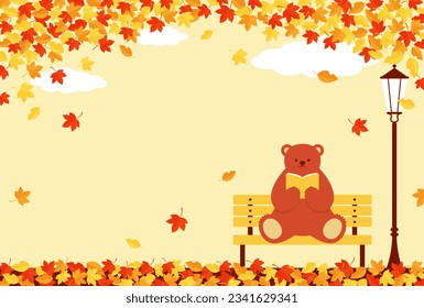 autumn vector background with a bear reading a book on a park bench for banners, cards, flyers, social media wallpapers, etc.