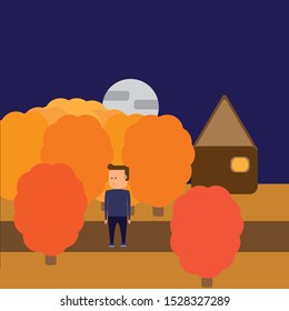 Autumn vector background. Beautiful trees and a house, a man rejoices in the autumn.