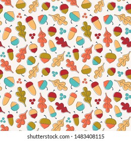 Autumn vector background in bright colors. Seamless pattern with acorns, oak leaves and berries. 
