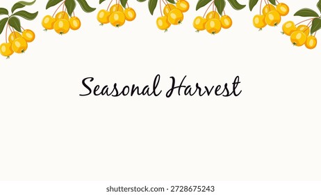 Autumn vector background with crabapple yellow berries and green leaves. Elegant botanical banner on white background for web design, ads, social media, headers and seasonal promotions.