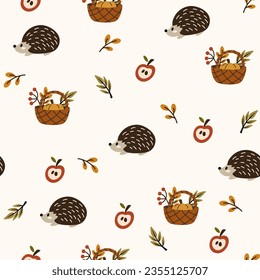 Autumn vector background with cute hedgehog and wicker basket with harvest. Woodland baby animals seamless pattern. Creative background for fabric, textile, scrapbooking, prints. Vector illustration