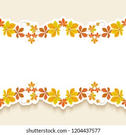 Autumn vector background, cutout paper frame with border ornament of yellow chestnut leaves