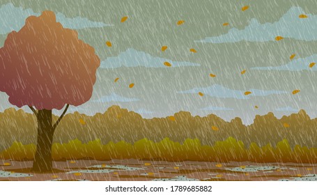 Autumn vector background. Deciduous tree with orange leaves. Rain, puddles and wind. 