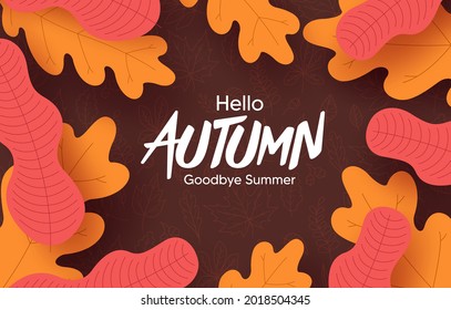 Autumn vector background design. Hello autumn greeting text with orange and yellow leaves element for fall season in doodle background. Vector illustration  