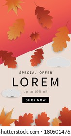 Fondo vectorial de otoño de estilo elegante y moderno. Colores de moda decoran con hojas. Plantilla de diseño para venta de compras, afiche promocional, banner web, medios sociales y papel tapiz. 