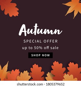 Autumn vector background in elegant and modern style. Trendy colors decorate with leaves. Design template for shopping sale, promo poster, web banner, social media, and wallpaper. 