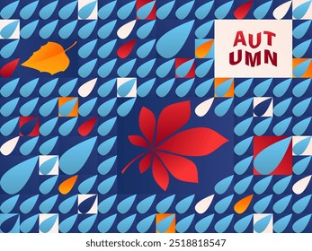 Autumn vector background. Fall leaves, rain drops with abstract geometric shapes. Modern minimal simple autumn banner in blue, red and yellow gradient colors.