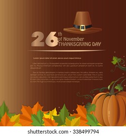 Autumn vector background with fallen leaves, pumpkin and pilgrim hat. Happy Thanksgiving.