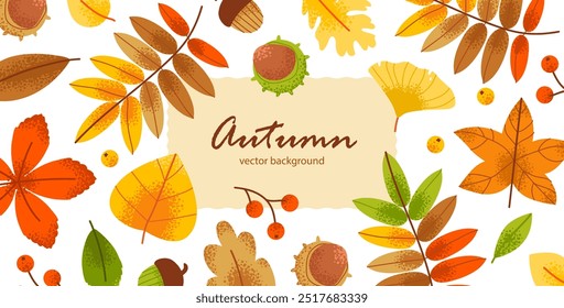 Fondo de Vector de otoño con follaje para tarjeta, invitación o Anuncio de Web. Verdor y Elementos florales en un estilo contemporáneo.