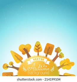 Autumn vector background. Vector geometric trees and grass silhouettes. There are places for your text on the Earth and in the sky.