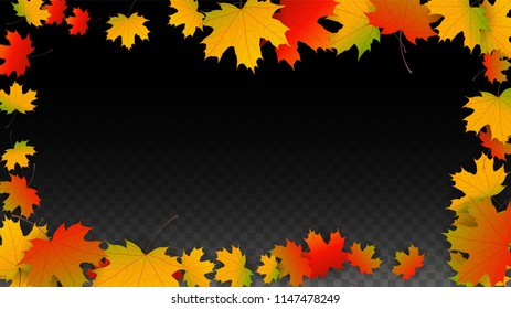 Autumn Vector Background with Golden Falling Leaves. Autumn Illustration with Maple Red, Orange, Yellow Foliage. Isolated Leaf on Transparent Background. Bright Swirl. Suitable for Covers.