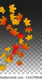 Autumn Vector Background with Golden Falling Leaves. Autumn Illustration with Maple Red, Orange, Yellow Foliage. Isolated Leaf on Transparent Background. Bright Swirl. Suitable for Flyers.