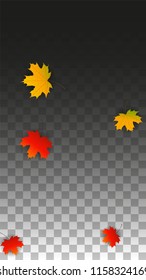 Autumn Vector Background with Golden Falling Leaves. Autumn Illustration with Maple Red, Orange, Yellow Foliage. Isolated Leaf on Transparent Background. Bright Swirl. Suitable for Cards.