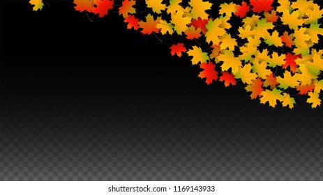 Autumn Vector Background with Golden Falling Leaves. Autumn Illustration with Maple Red, Orange, Yellow Foliage. Isolated Leaf on Transparent Background. Bright Swirl. Suitable for Flyers.
