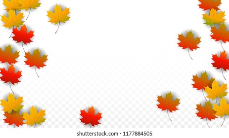 Autumn Vector Background with Golden Falling Leaves. Autumn Illustration with Maple Red, Orange, Yellow Foliage. Isolated Leaf on Transparent Background. Bright Swirl. Suitable for Cards.