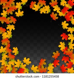 Autumn Vector Background with Golden Falling Leaves. Autumn Illustration with Maple Red, Orange, Yellow Foliage. Isolated Leaf on Transparent Background. Bright Swirl. Suitable for Flyers.