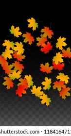 Autumn Vector Background with Golden Falling Leaves. Autumn Illustration with Maple Red, Orange, Yellow Foliage. Isolated Leaf on Transparent Background. Bright Swirl. Suitable for Flyers.