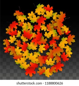 Autumn Vector Background with Golden Falling Leaves. Autumn Illustration with Maple Red, Orange, Yellow Foliage. Isolated Leaf on Transparent Background. Bright Swirl. Suitable for Cards.