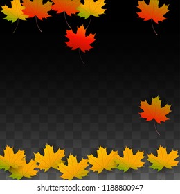 Autumn Vector Background with Golden Falling Leaves. Autumn Illustration with Maple Red, Orange, Yellow Foliage. Isolated Leaf on Transparent Background. Bright Swirl. Suitable for Cards.
