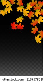 Autumn Vector Background with Golden Falling Leaves. Autumn Illustration with Maple Red, Orange, Yellow Foliage. Isolated Leaf on Transparent Background. Bright Swirl. Suitable for Flyers.