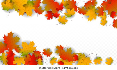 Autumn Vector Background with Golden Falling Leaves. Autumn Illustration with Maple Red, Orange, Yellow Foliage. Isolated Leaf on Transparent Background. Bright Swirl. Suitable for Posters.