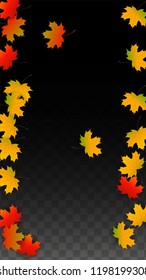 Autumn Vector Background with Golden Falling Leaves. Autumn Illustration with Maple Red, Orange, Yellow Foliage. Isolated Leaf on Transparent Background. Bright Swirl. Suitable for Flyers.