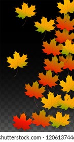 Autumn Vector Background with Golden Falling Leaves. Autumn Illustration with Maple Red, Orange, Yellow Foliage. Isolated Leaf on Transparent Background. Bright Swirl. Suitable for Posters.