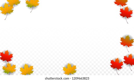 Autumn Vector Background with Golden Falling Leaves. Autumn Illustration with Maple Red, Orange, Yellow Foliage. Isolated Leaf on Transparent Background. Bright Swirl. Suitable for Covers.