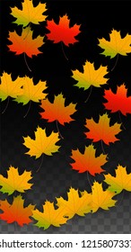 Autumn Vector Background with Golden Falling Leaves. Autumn Illustration with Maple Red, Orange, Yellow Foliage. Isolated Leaf on Transparent Background. Bright Swirl. Suitable for Covers.