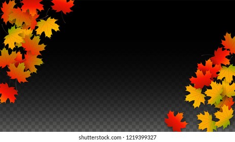 Autumn Vector Background with Golden Falling Leaves. Autumn Illustration with Maple Red, Orange, Yellow Foliage. Isolated Leaf on Transparent Background. Bright Swirl. Suitable for Flyers.