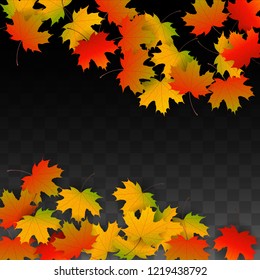 Autumn Vector Background with Golden Falling Leaves. Autumn Illustration with Maple Red, Orange, Yellow Foliage. Isolated Leaf on Transparent Background. Bright Swirl. Suitable for Flyers.